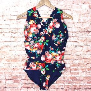Navy Floral V Neck One Piece Swimsuit “X” back